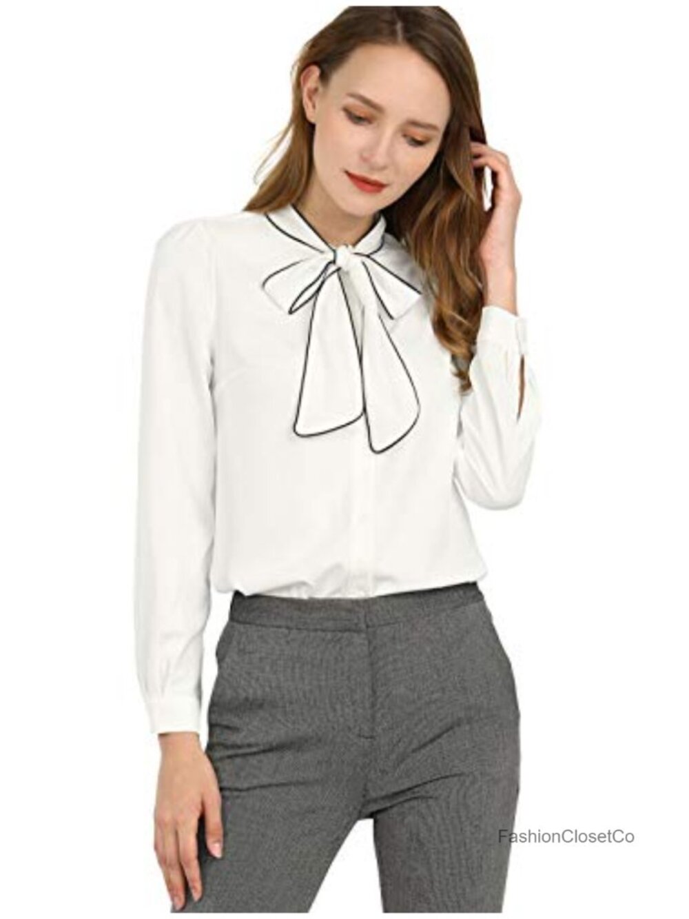 Women's Tie Neck Button Down Long Sleeve Blouse Business Casual Work Top
